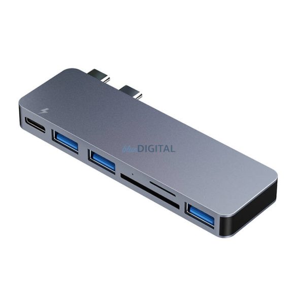 RayCue USB Hub 6in2 2x USB-C Thunderbolt 3-hoz + 3x USB-A 3.0 5Gbps + SD/TF 2.0 (szürke)