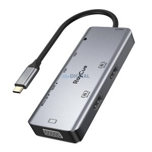 RayCue USB Hub 9in1 USB-C 2x USB-A 3.0 5Gbps + 2x SD/TF 3.0 + 2x HDMI 4K30Hz + VGA 1080p + jack 3.5mm + PD 3.0 100W (szürke)