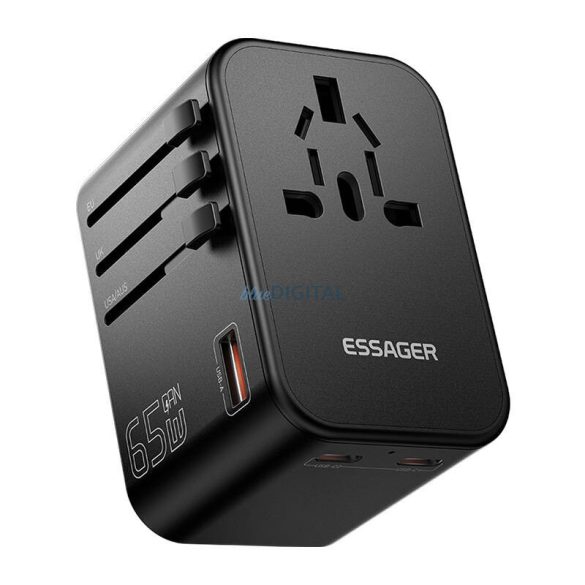 Essager ECT65-LT01-Z utazó adapter 2x USB-C/1x USB-A/1x AC (US, AU, UK, EU) 65W - fekete