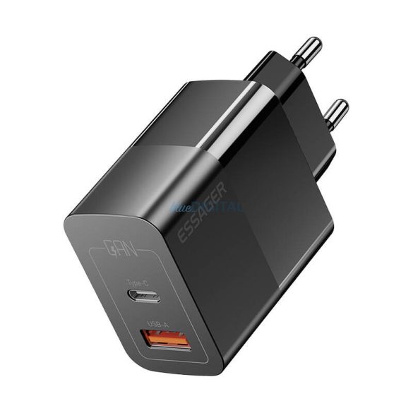 Essager hálózati töltő 1xUSB-A és 1xUSB-C csatlakozással 33W GaN - fekete