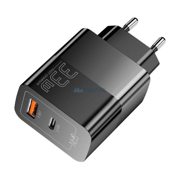 Essager hálózati töltő 1xUSB-A és 1xUSB-C csatlakozással 33W GaN - fekete