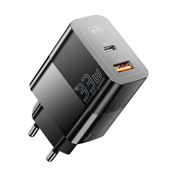 Essager hálózati töltő 1xUSB-A és 1xUSB-C csatlakozással 33W GaN - fekete