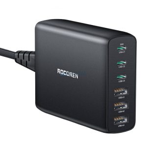 Rocoren hálózati töltő 3x USB-A és 3xUSB-C csatlakozással GaN 100W - fekete