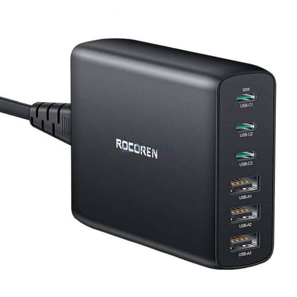 Rocoren hálózati töltő 3x USB-A és 3xUSB-C csatlakozással GaN 100W - fekete