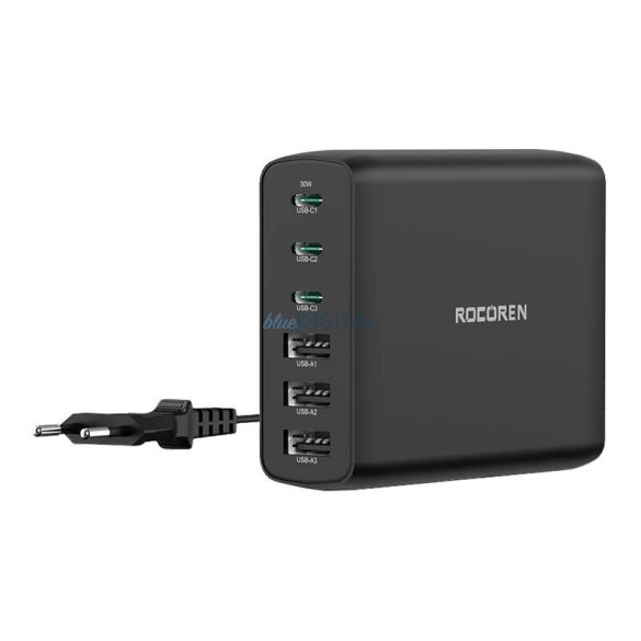 Rocoren hálózati töltő 3x USB-A és 3xUSB-C csatlakozással GaN 100W - fekete