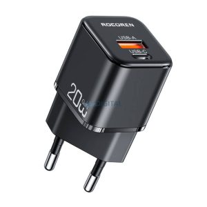 Rocoren hálózati töltő 1xUSB-A és 1xUSB-C csatlakozással miniGaN 20W - fekete