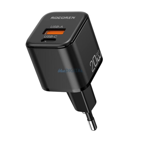 Rocoren hálózati töltő 1xUSB-A és 1xUSB-C csatlakozással miniGaN 20W - fekete