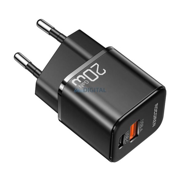 Rocoren hálózati töltő 1xUSB-A és 1xUSB-C csatlakozással miniGaN 20W - fekete