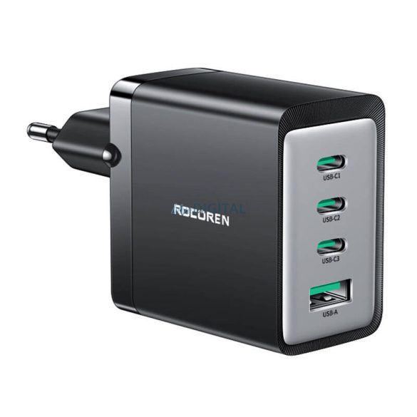 Rocoren hálózati töltő 1x USB-A és 3xUSB-C csatlakozással GaN 67W - fekete