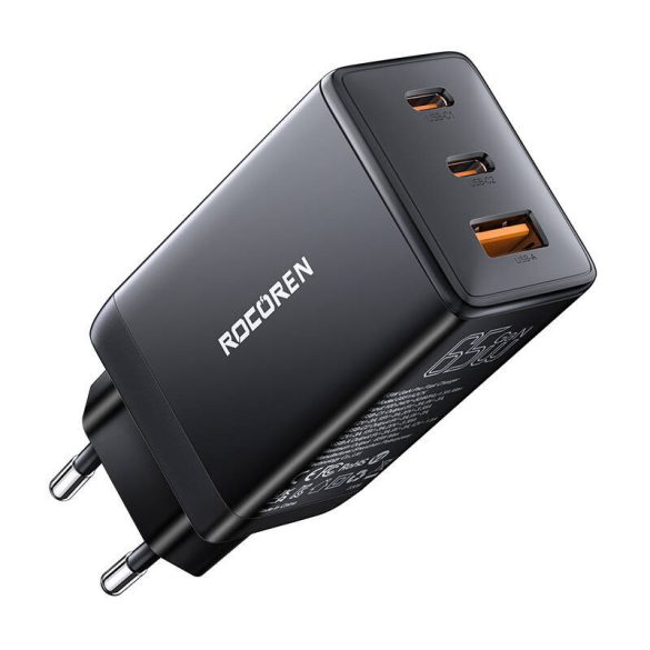 Rocoren GaN Pro 65W, 2x USB-C, USB Gyorstöltő (fekete)