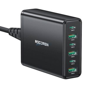 Rocoren hálózati töltő 3xUSB-A és 3xUSB-C csatlakozással 60W - fekete