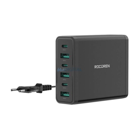 Rocoren hálózati töltő 3xUSB-A és 3xUSB-C csatlakozással 60W - fekete