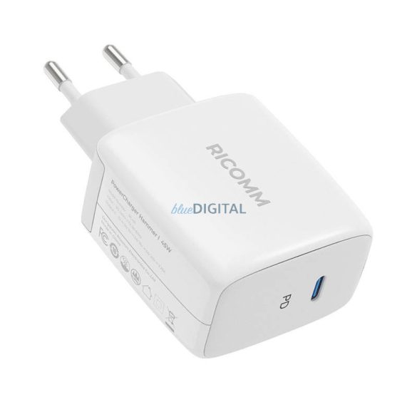 Fali töltő 45W GaN Ricomm RC451 EU, 1xUSB-C + 2,1m USB-C kábel