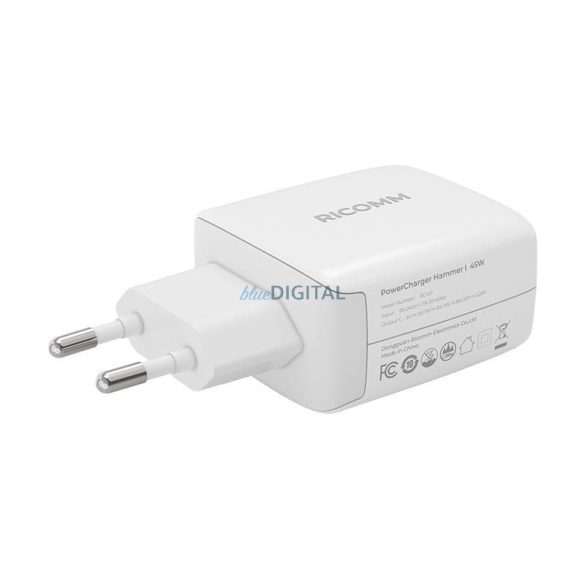 Fali töltő 45W GaN Ricomm RC451 EU, 1xUSB-C + 2,1m USB-C kábel