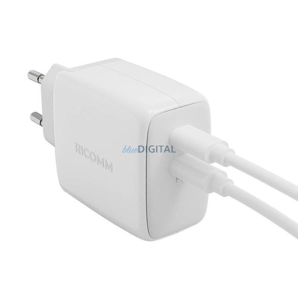 Fali töltő 65W GaN Ricomm RC652 EU, 2xUSB-C + 2,1m USB-C kábel