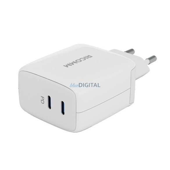 Fali töltő 65W GaN Ricomm RC652 EU, 2xUSB-C + 2,1m USB-C kábel