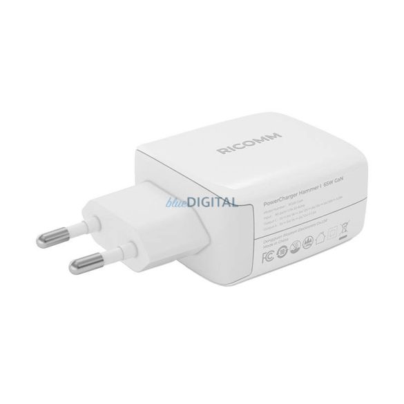 Fali töltő 65W GaN Ricomm RC652 EU, 2xUSB-C + 2,1m USB-C kábel