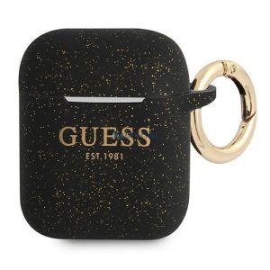 Guess GUA2SGGEK Silicone Glitter tok AirPods 1/2 - fekete