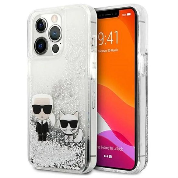 Eredeti előlap KARL LAGERFELD KLHCP13LGKCS iPhone 13 PRO (Liquid Glitter K&C / ezüst) tok