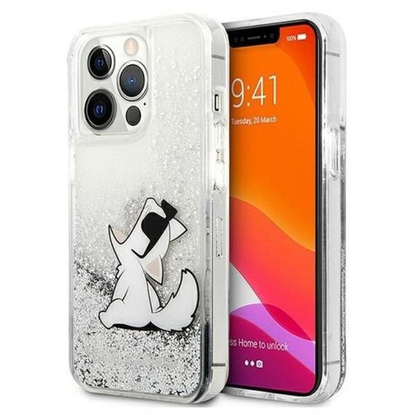 Eredeti előlap KARL LAGERFELD KLHCP13LGCFS iPhone 13 PRO (Liquid Glitter Choupette Fun / ezüst) tok