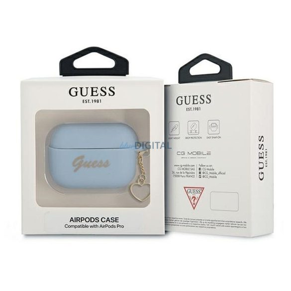 Guess GUAPLSCHSB Silicone Charm Heart Collection tok AirPods Pro - kék