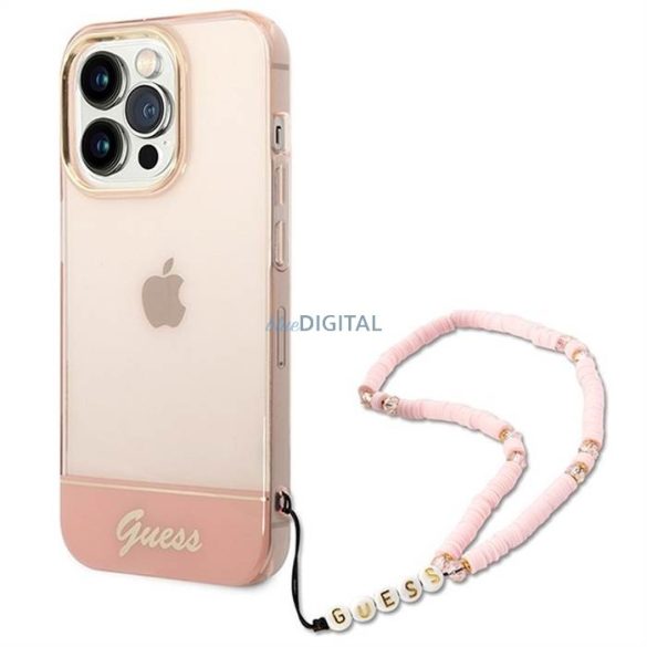 Eredeti tok GUESS GUHCP14XHGCOHP iPhone 14 PRO MAX készülékhez (IML Electro Cam w. Strap Translucent / rózsaszín)