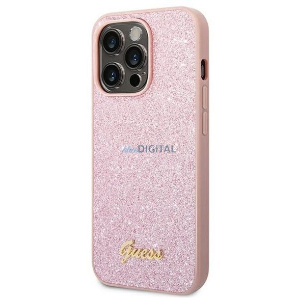 Eredeti tok GUESS GUHCP14XHGGSHP iPhone 14 PRO MAX készülékhez (Glitter Flakes Script Metal Logo / rózsaszín)