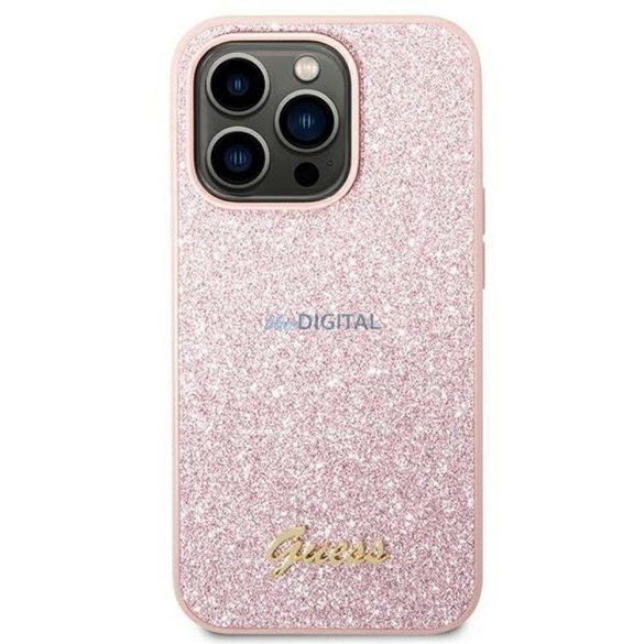 Eredeti tok GUESS GUHCP14XHGGSHP iPhone 14 PRO MAX készülékhez (Glitter Flakes Script Metal Logo / rózsaszín)