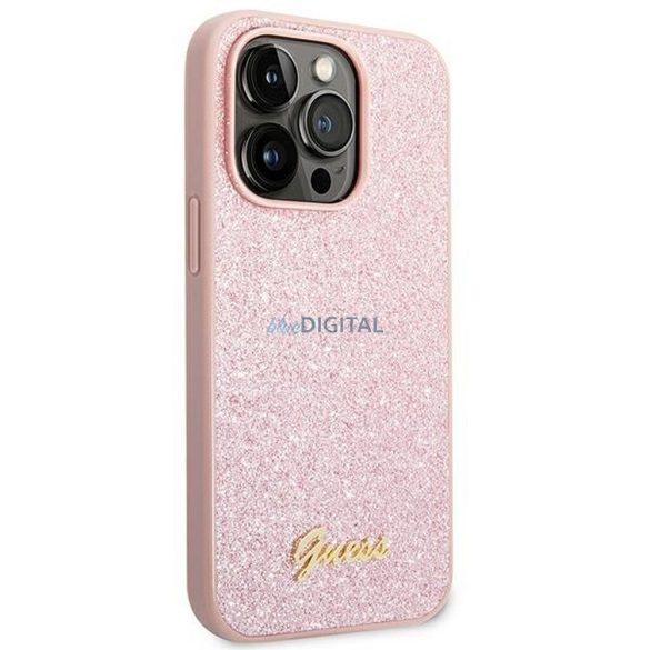 Eredeti tok GUESS GUHCP14XHGGSHP iPhone 14 PRO MAX készülékhez (Glitter Flakes Script Metal Logo / rózsaszín)