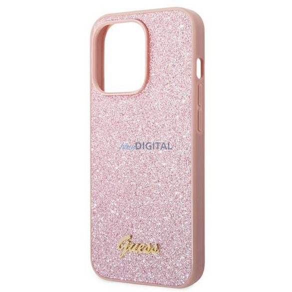 Eredeti tok GUESS GUHCP14XHGGSHP iPhone 14 PRO MAX készülékhez (Glitter Flakes Script Metal Logo / rózsaszín)