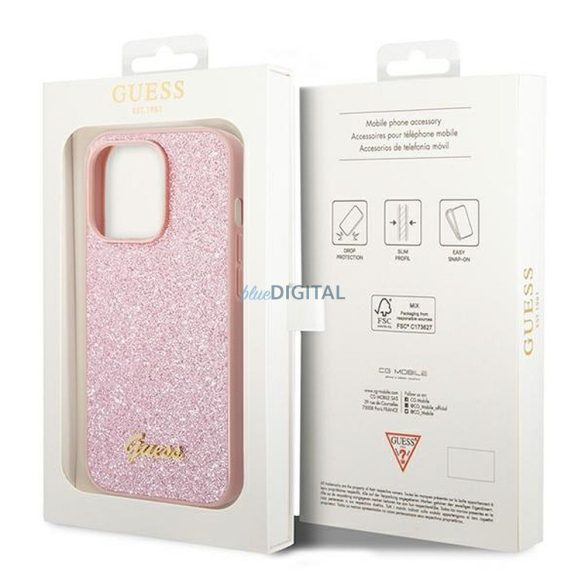 Eredeti tok GUESS GUHCP14XHGGSHP iPhone 14 PRO MAX készülékhez (Glitter Flakes Script Metal Logo / rózsaszín)