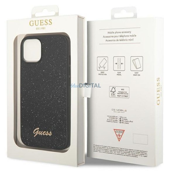 Eredeti tok GUESS GUHCP14MHGGSHK iPhone 14 PLUS (Glitter Flakes Script Metal Logo / fekete)