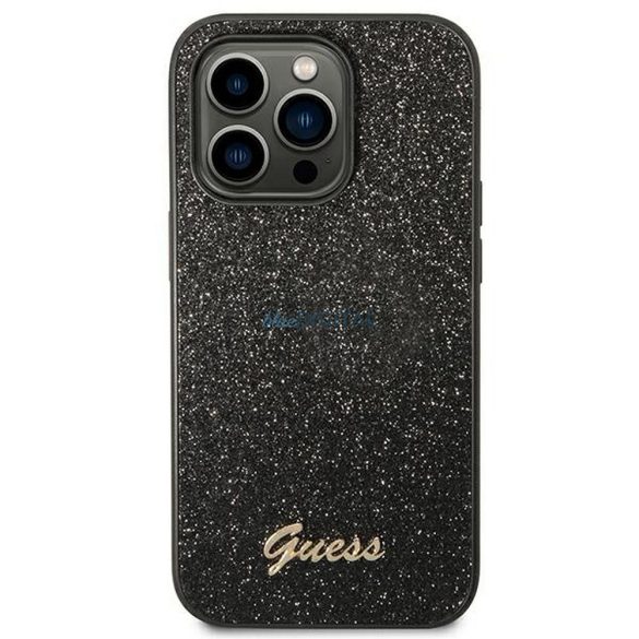 Eredeti tok GUESS GUHCP14LHGGSHK iPhone 14 PRO (Glitter Flakes Script Metal Logo / fekete)