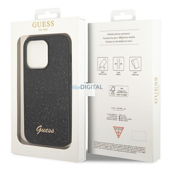 Eredeti tok GUESS GUHCP14LHGGSHK iPhone 14 PRO (Glitter Flakes Script Metal Logo / fekete)