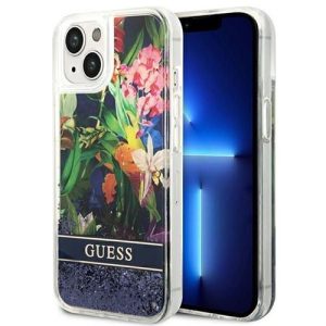 Guess GUHCP14SLFLSB Flower Liquid Glitter tok iPhone 13 / 14 / 15 - kék