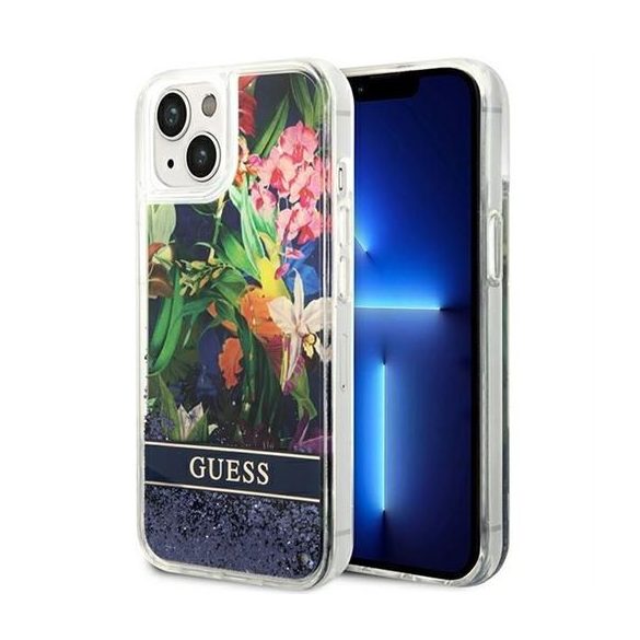 Guess GUHCP14SLFLSB Flower Liquid Glitter tok iPhone 13 / 14 / 15 - kék