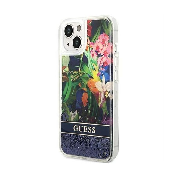 Guess GUHCP14SLFLSB Flower Liquid Glitter tok iPhone 13 / 14 / 15 - kék