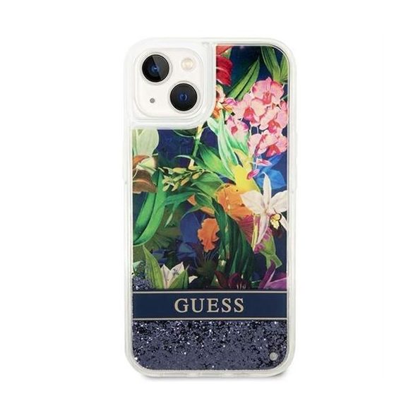 Guess GUHCP14SLFLSB Flower Liquid Glitter tok iPhone 13 / 14 / 15 - kék