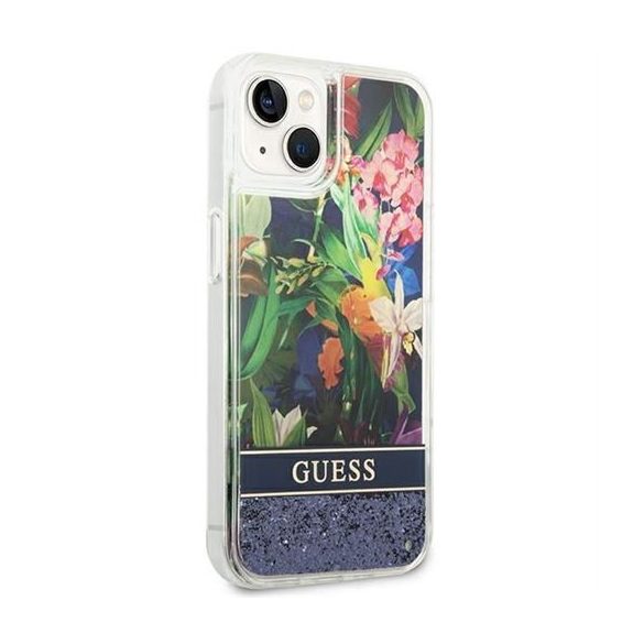 Guess GUHCP14SLFLSB Flower Liquid Glitter tok iPhone 13 / 14 / 15 - kék