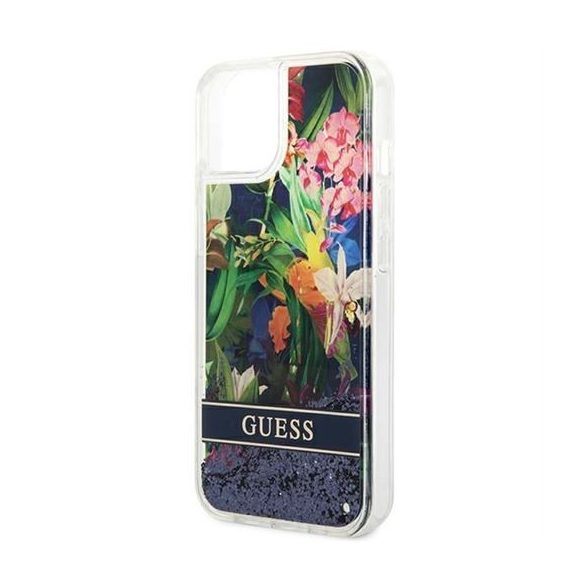 Guess GUHCP14SLFLSB Flower Liquid Glitter tok iPhone 13 / 14 / 15 - kék