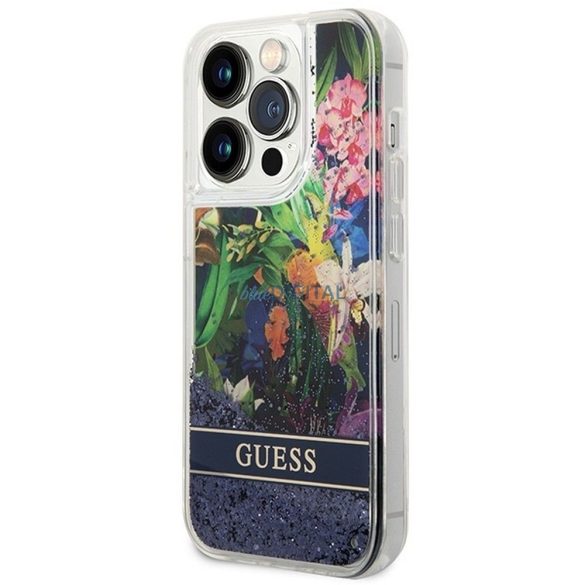 Guess GUHCP14LLFLSB Flower Liquid Glitter tok iPhone 14 Pro - kék