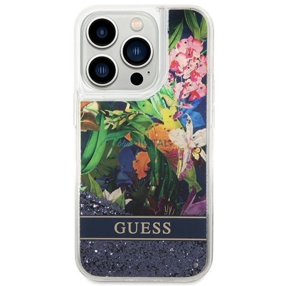 Guess GUHCP14LLFLSB Flower Liquid Glitter tok iPhone 14 Pro - kék