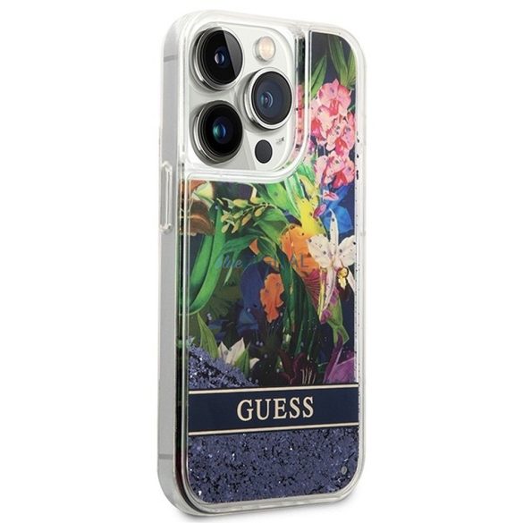 Guess GUHCP14LLFLSB Flower Liquid Glitter tok iPhone 14 Pro - kék