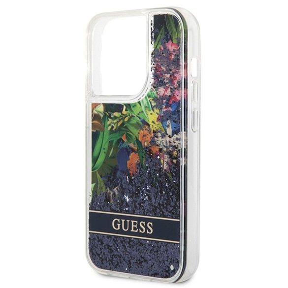 Guess GUHCP14LLFLSB Flower Liquid Glitter tok iPhone 14 Pro - kék