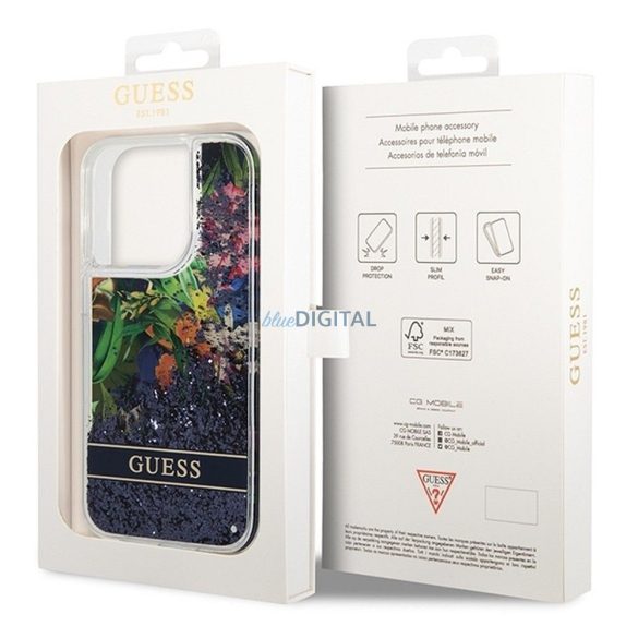 Guess GUHCP14LLFLSB Flower Liquid Glitter tok iPhone 14 Pro - kék