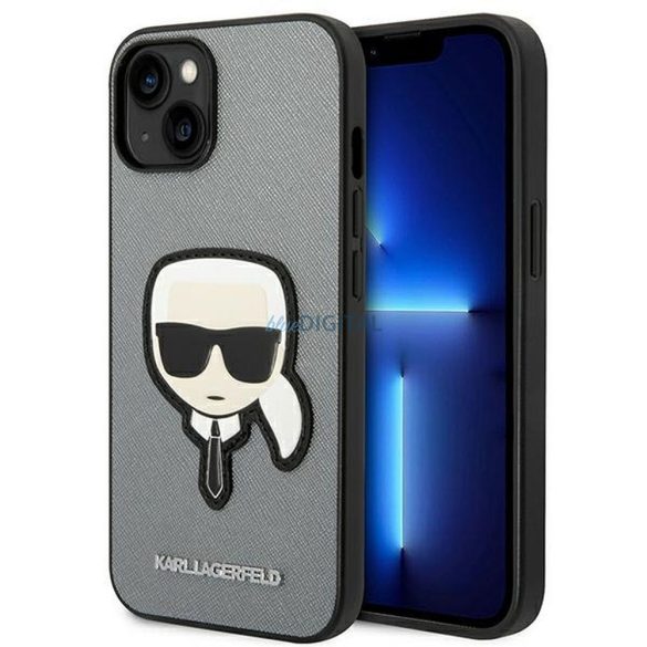 Eredeti tok KARL LAGERFELD KLHCP14MSAPKHG iPhone 14 PLUS (Saffiano Karl Head Patch / ezüst)