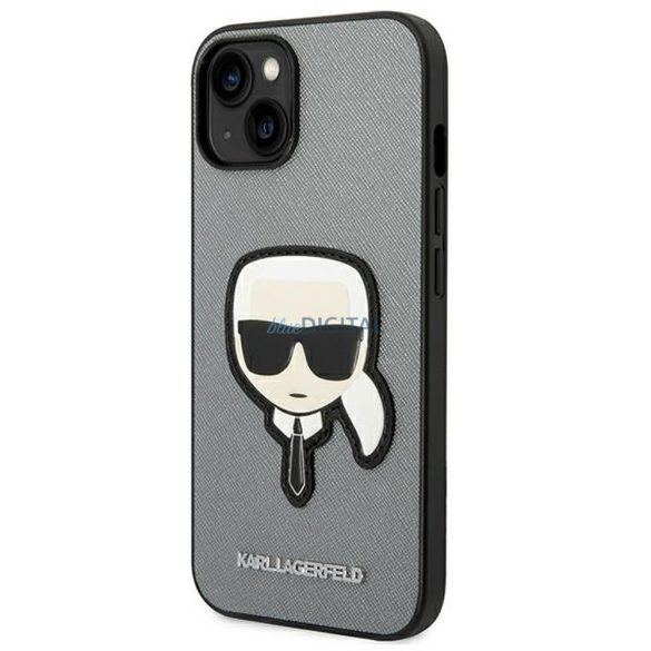 Eredeti tok KARL LAGERFELD KLHCP14MSAPKHG iPhone 14 PLUS (Saffiano Karl Head Patch / ezüst)