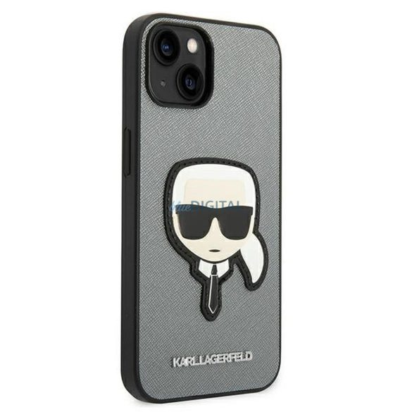 Eredeti tok KARL LAGERFELD KLHCP14MSAPKHG iPhone 14 PLUS (Saffiano Karl Head Patch / ezüst)