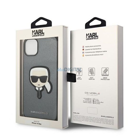 Eredeti tok KARL LAGERFELD KLHCP14MSAPKHG iPhone 14 PLUS (Saffiano Karl Head Patch / ezüst)