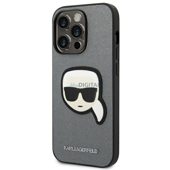 Eredeti tok KARL LAGERFELD KLHCP14LSAPKHG iPhone 14 PRO készülékhez (Saffiano Karl Head Patch-el / ezüst)